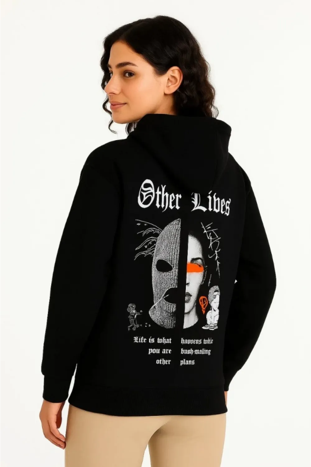 Üç İplik Kapşonlu ön Ve Arka Baskılı SweatShirt Hoodie- Siyah