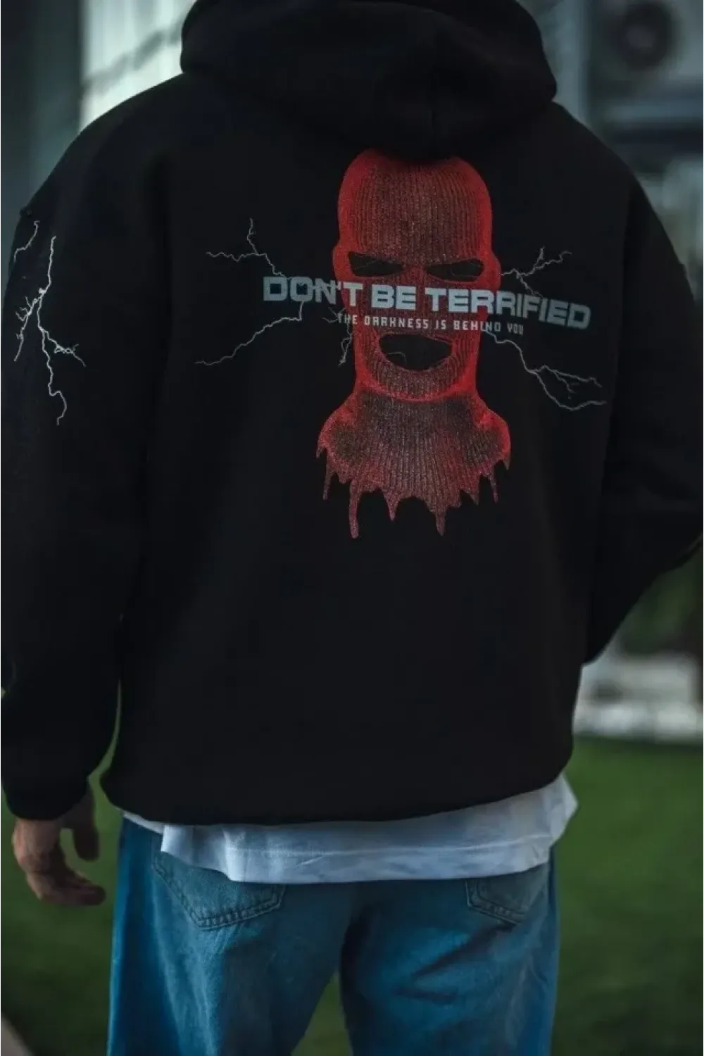 Üç İplik Kapüşonlu Baskılı Oversize SweatShirt- Siyah