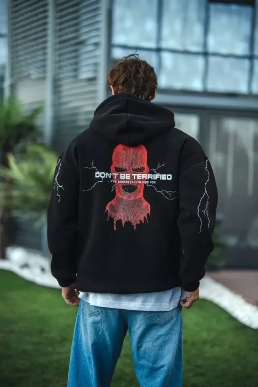 Üç İplik Kapüşonlu Baskılı Oversize SweatShirt- Siyah