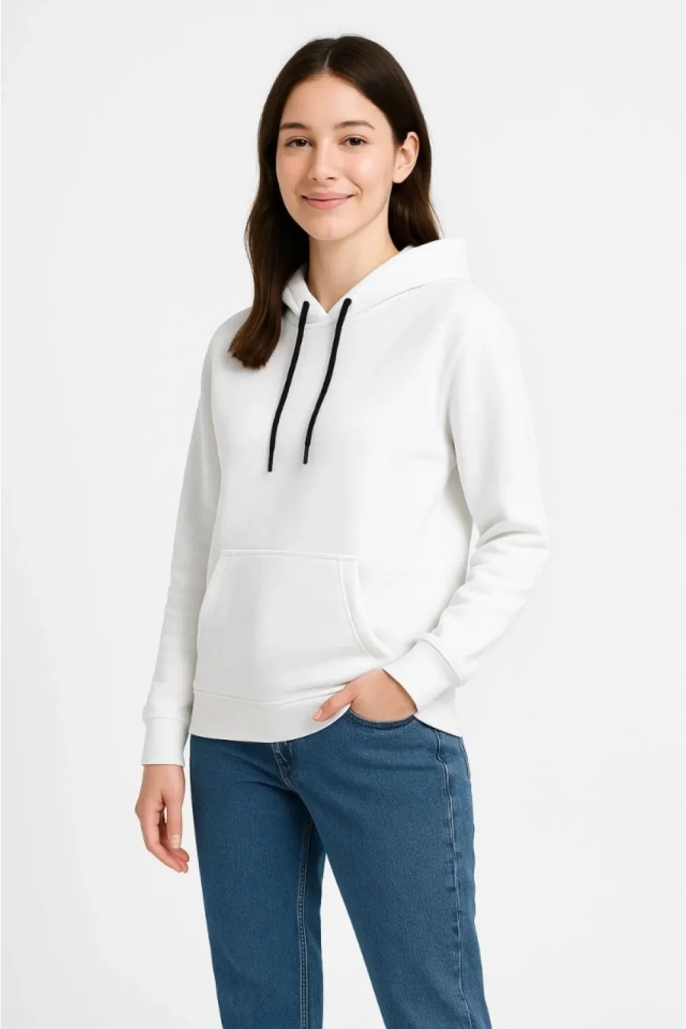 Üç İplik Kapüşonlu Kanguru Çepli SweatShirt Hoodie - Beyaz