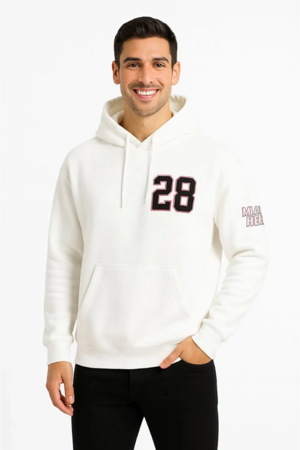 Üç İplik Kapüşonlu Ön Ve Arka Baskılı SweatShirt Hoodie - Beyaz