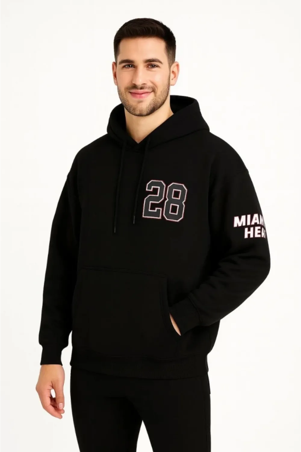 Üç İplik Kapüşonlu Ön Ve Arka Baskılı SweatShirt Hoodie - Siyah