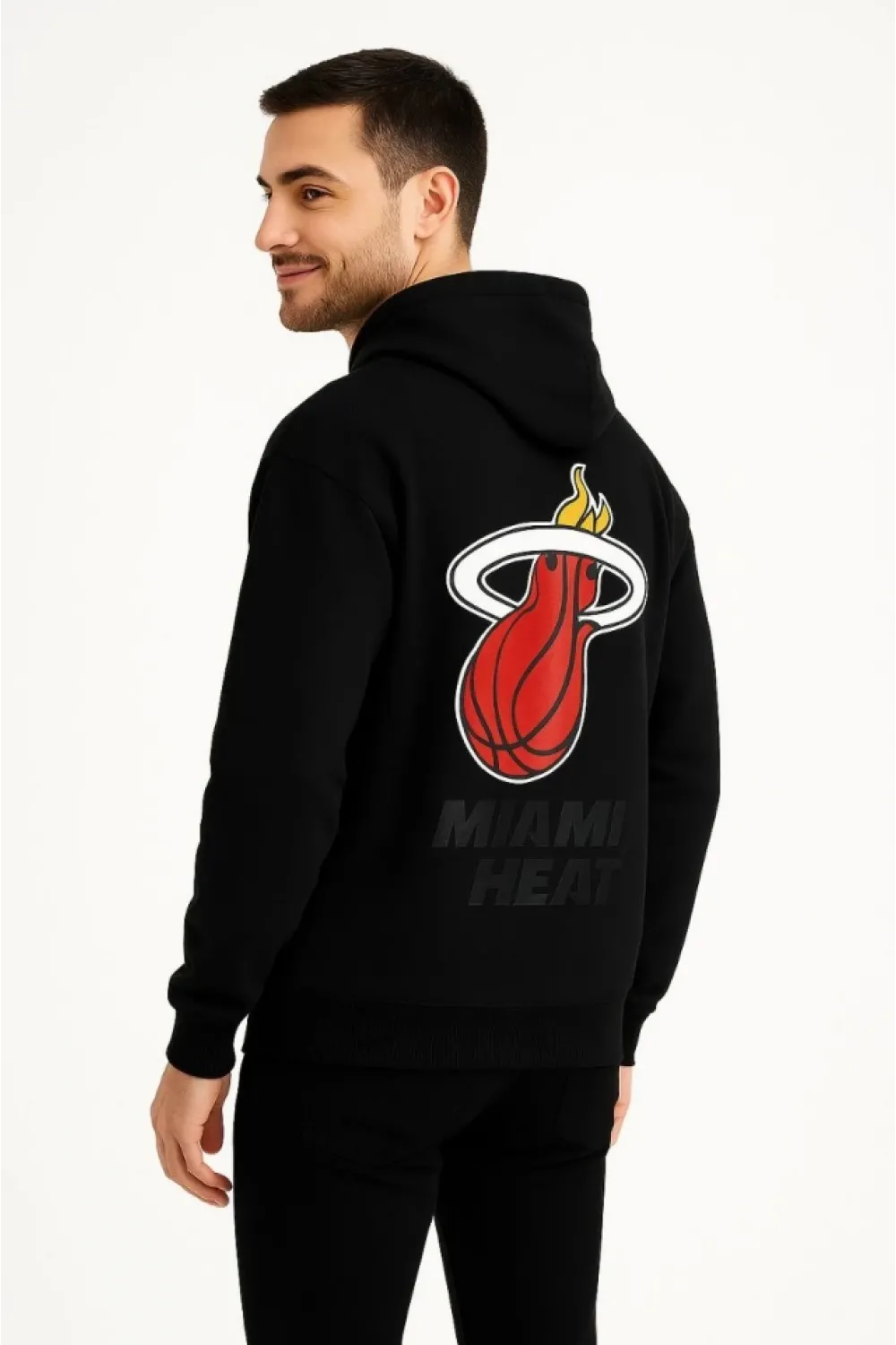 Üç İplik Kapüşonlu Ön Ve Arka Baskılı SweatShirt Hoodie - Siyah
