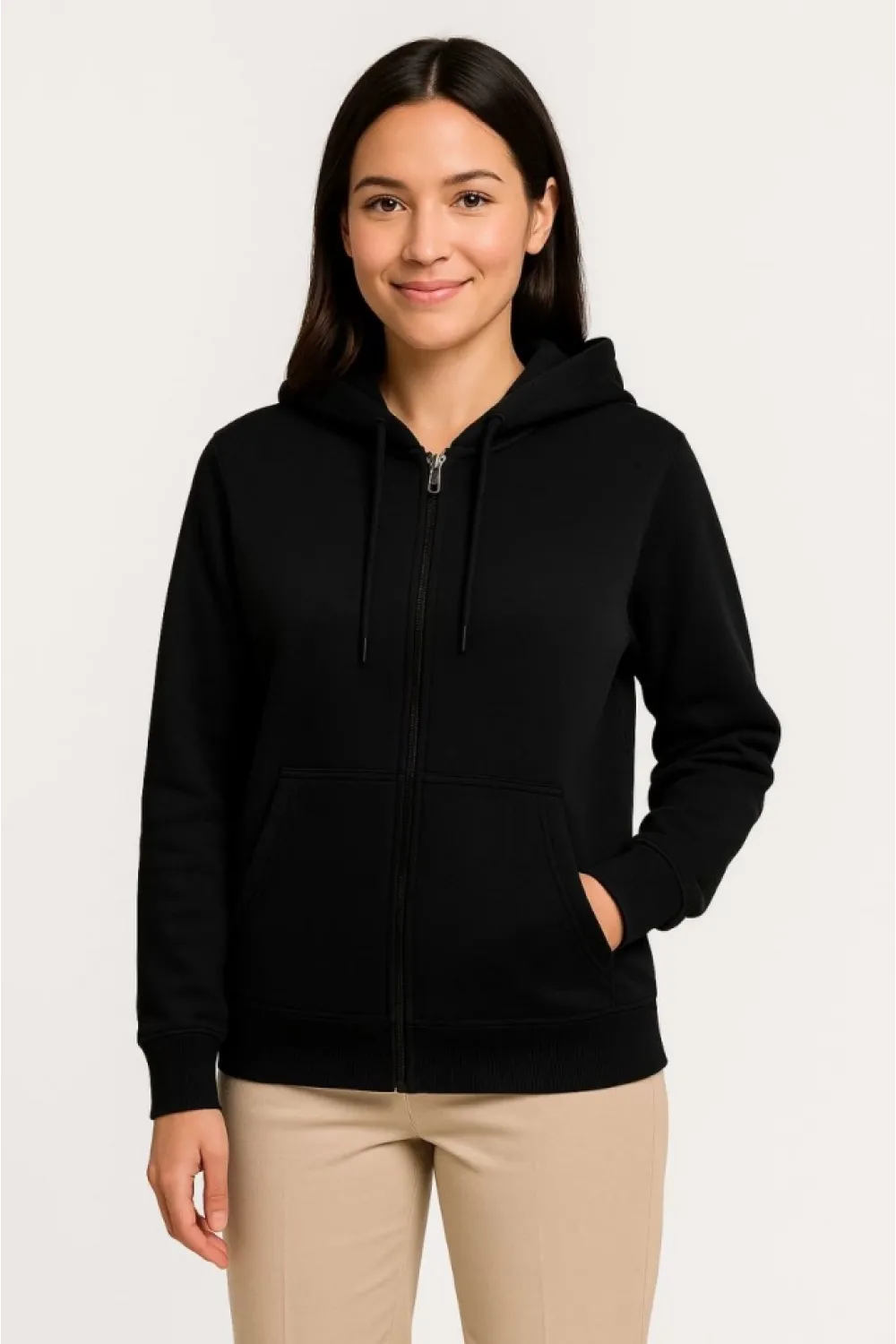 Üç İplik Kapüşonlu Tam Fermuarlı Kanguru Çepli SweatShirt Hoodie - Siyah
