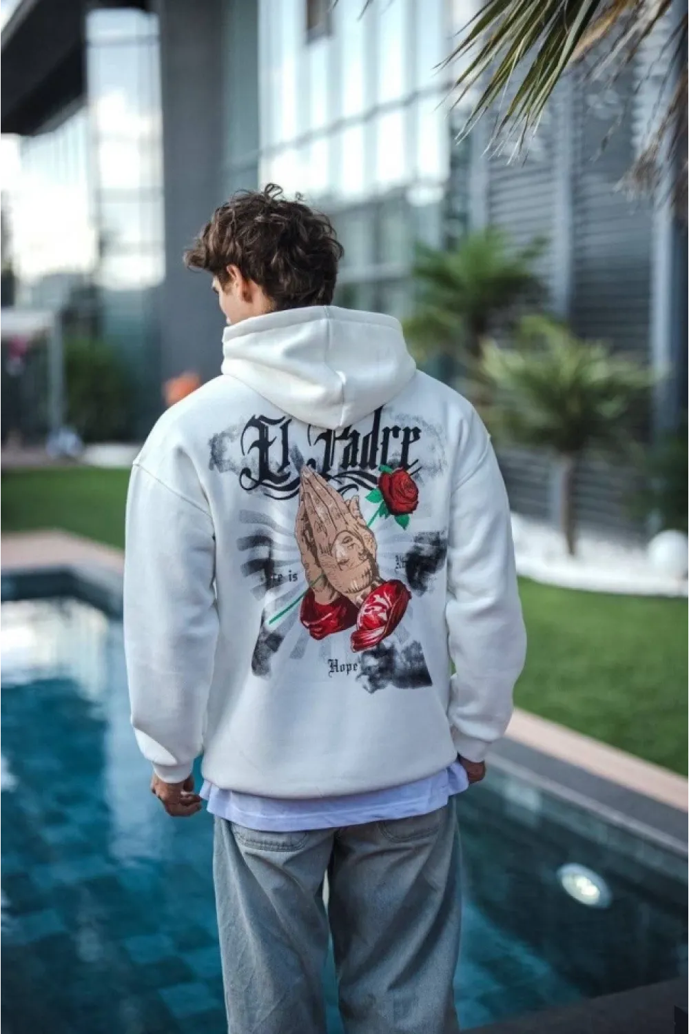Üç İplik Penye Kapşonlu Baskılı SweatShirt - Beyaz
