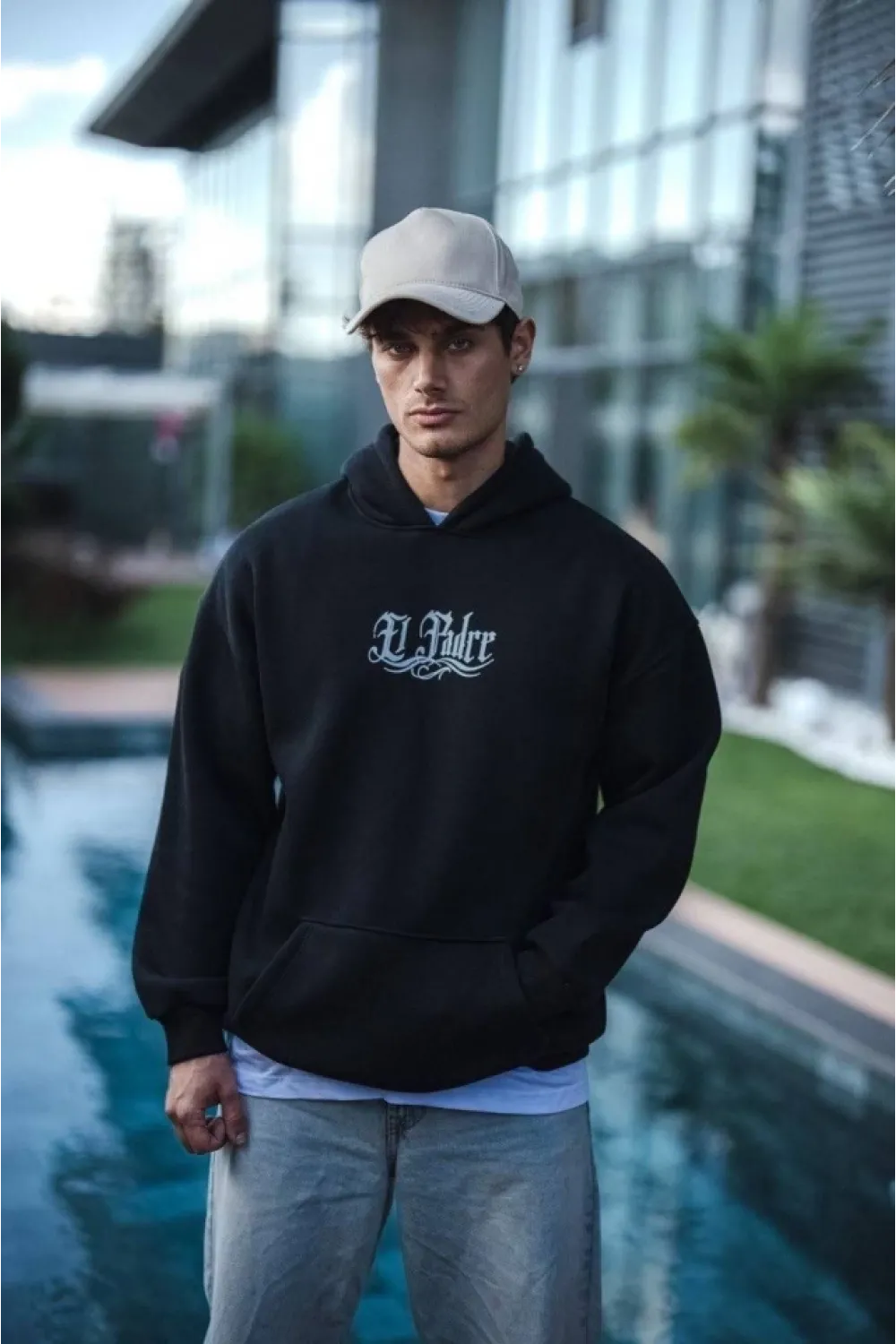 Üç İplik Penye Kapşonlu Baskılı SweatShirt - Siyah