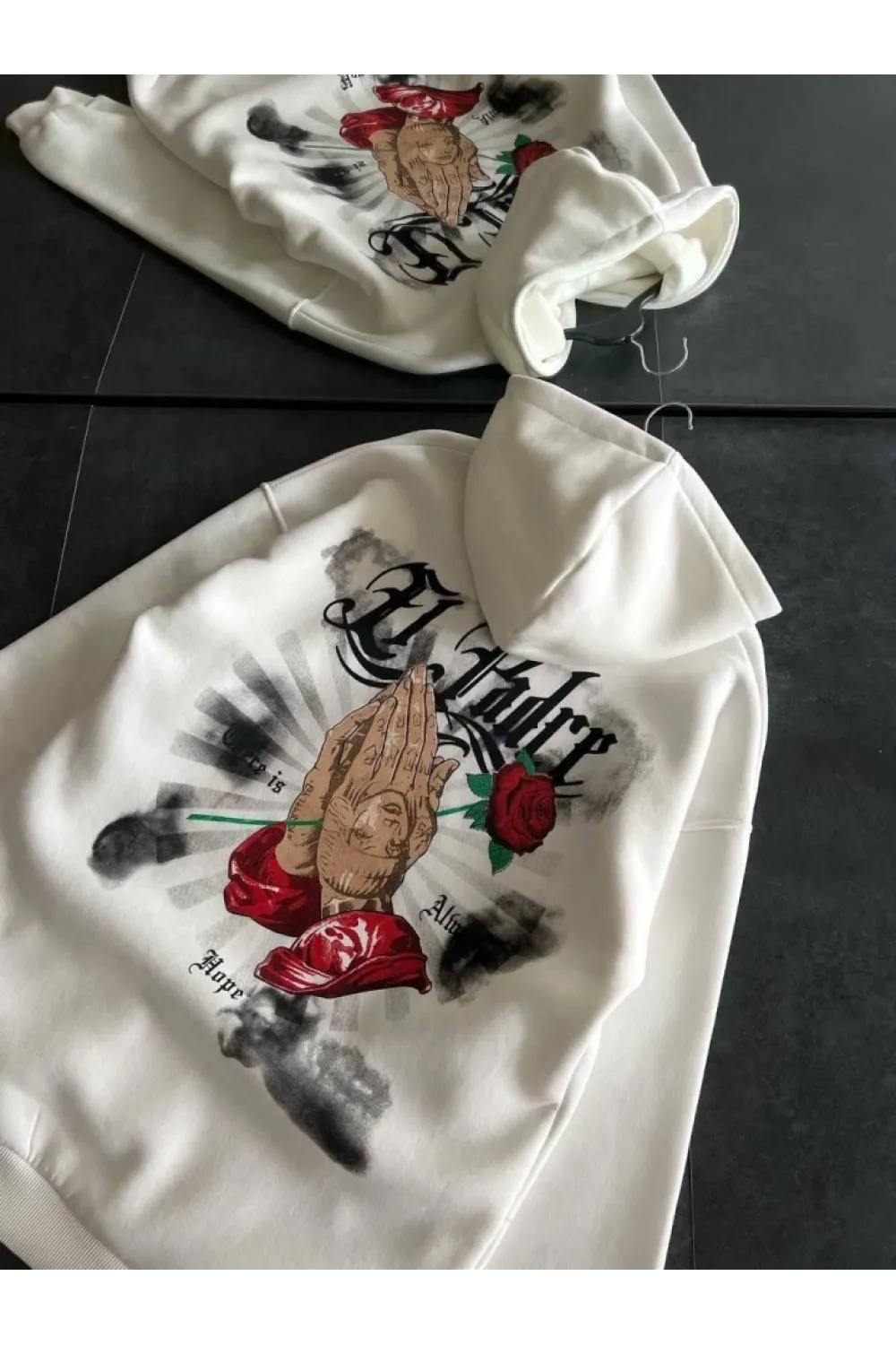 Üç İplik Penye Uzun Kol Kapşonlu Baskılı SweatShirt - Beyaz