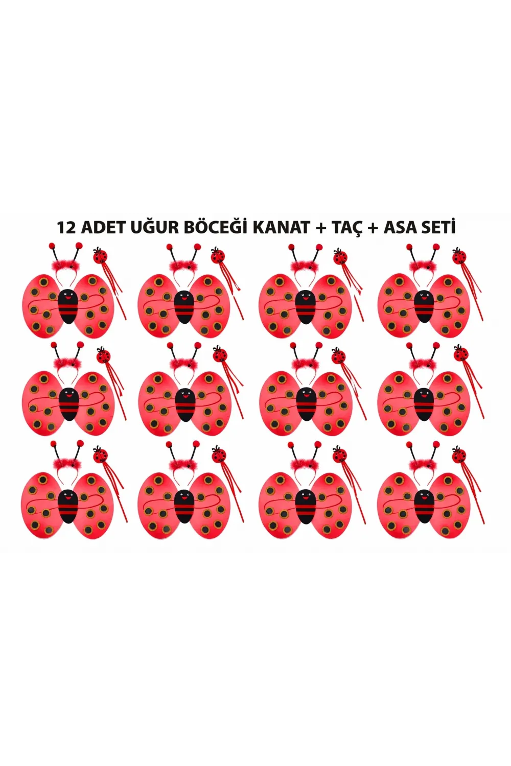 Uğur Böceği Kostüm Seti - Kanat Taç Asa 3 Parça 12 Adet