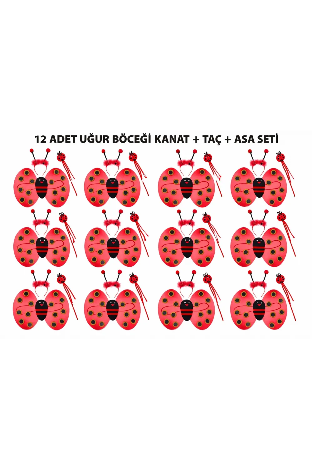 Uğur Böceği Kostüm Seti - Kanat Taç Asa 3 Parça 12 Adet