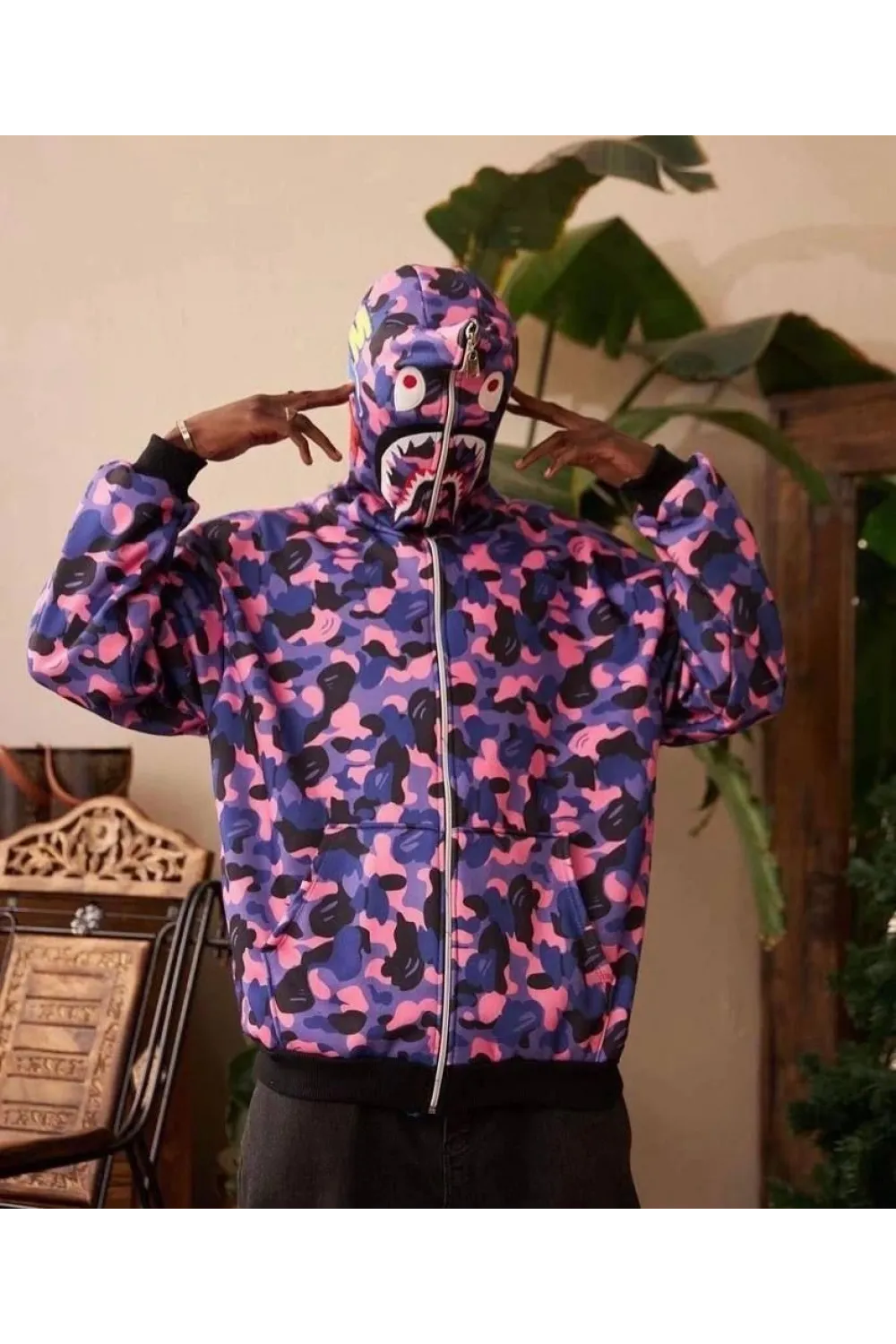 Unisex 2 İplik Bape Kapüşonu Fermuarlı Hırka - Mor
