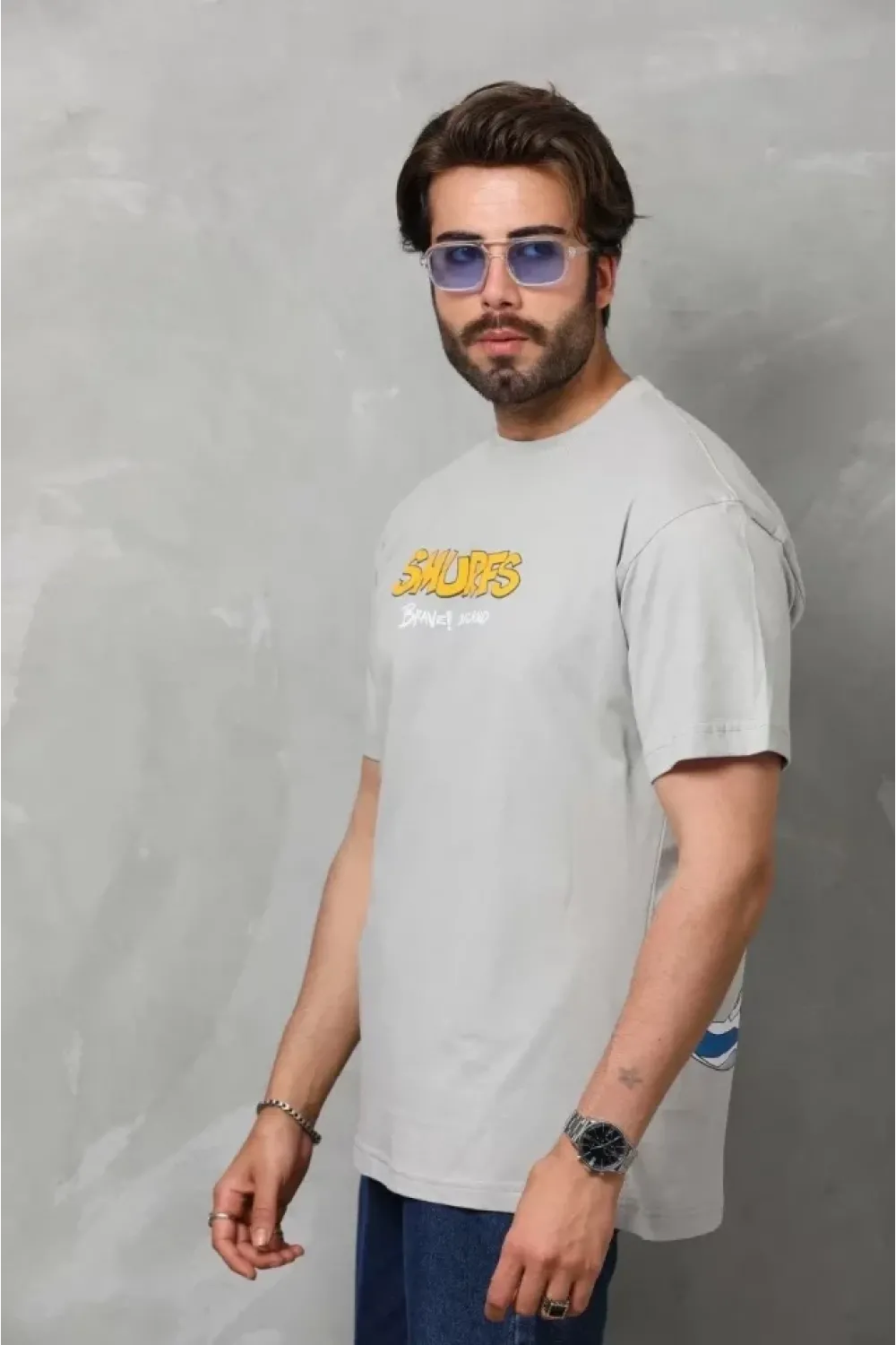 Unisex Basic Bisiklet Yaka Oversize T-Shirt - Gri