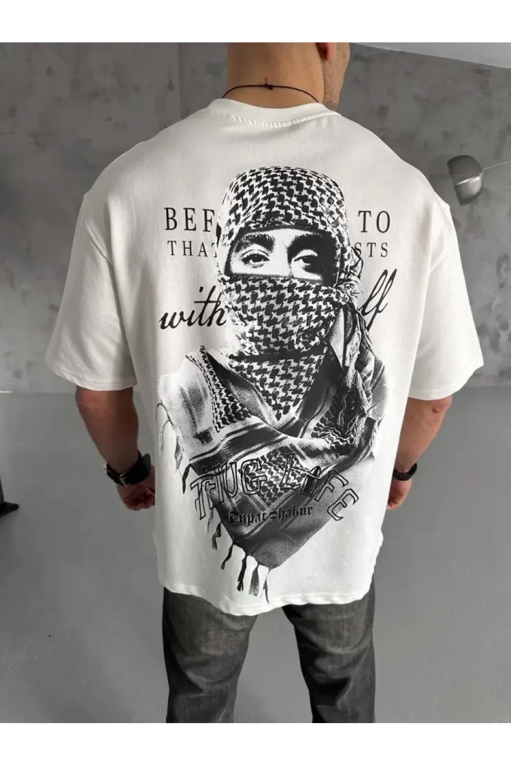 Unisex Baskılı Oversize T-Shirt - Beyaz