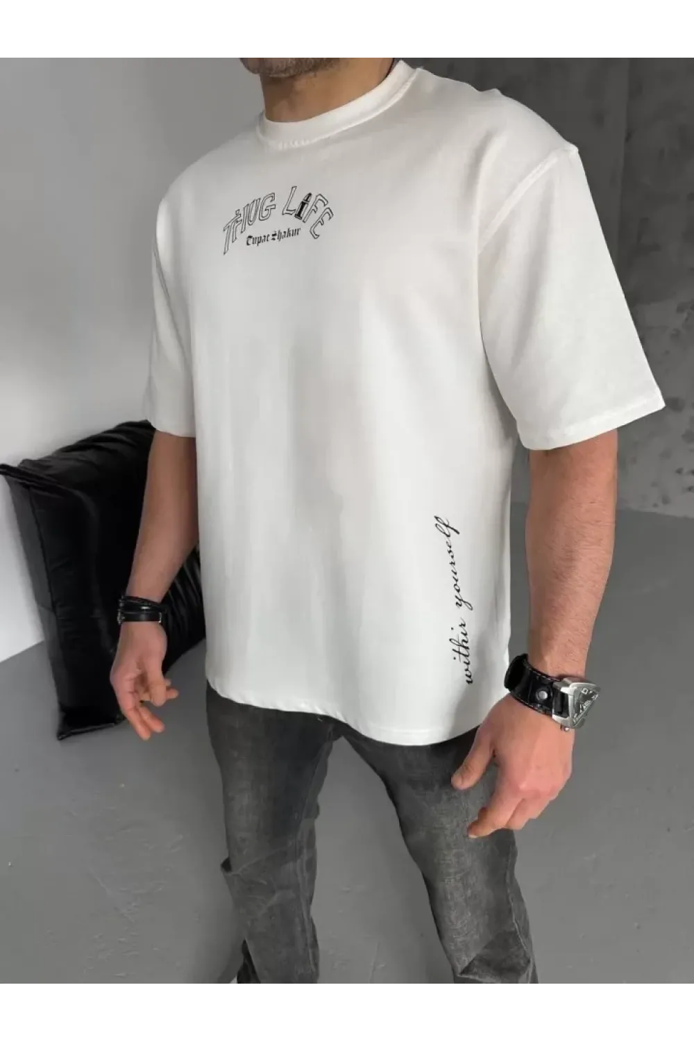 Unisex Baskılı Oversize T-Shirt - Beyaz
