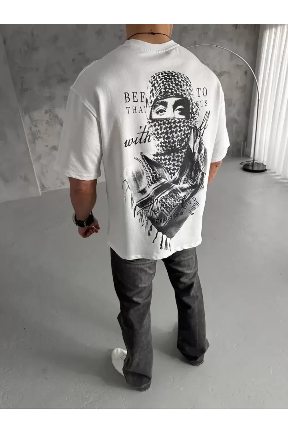 Unisex Baskılı Oversize T-Shirt - Beyaz
