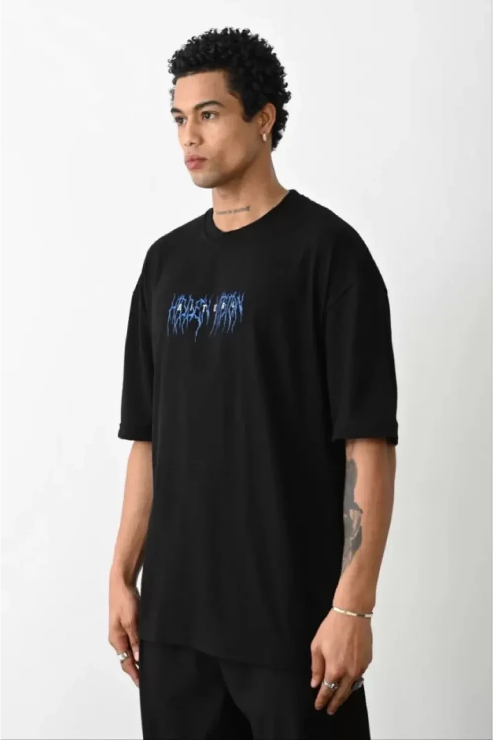 Unisex Baskılı Oversize T-Shirt - Siyah