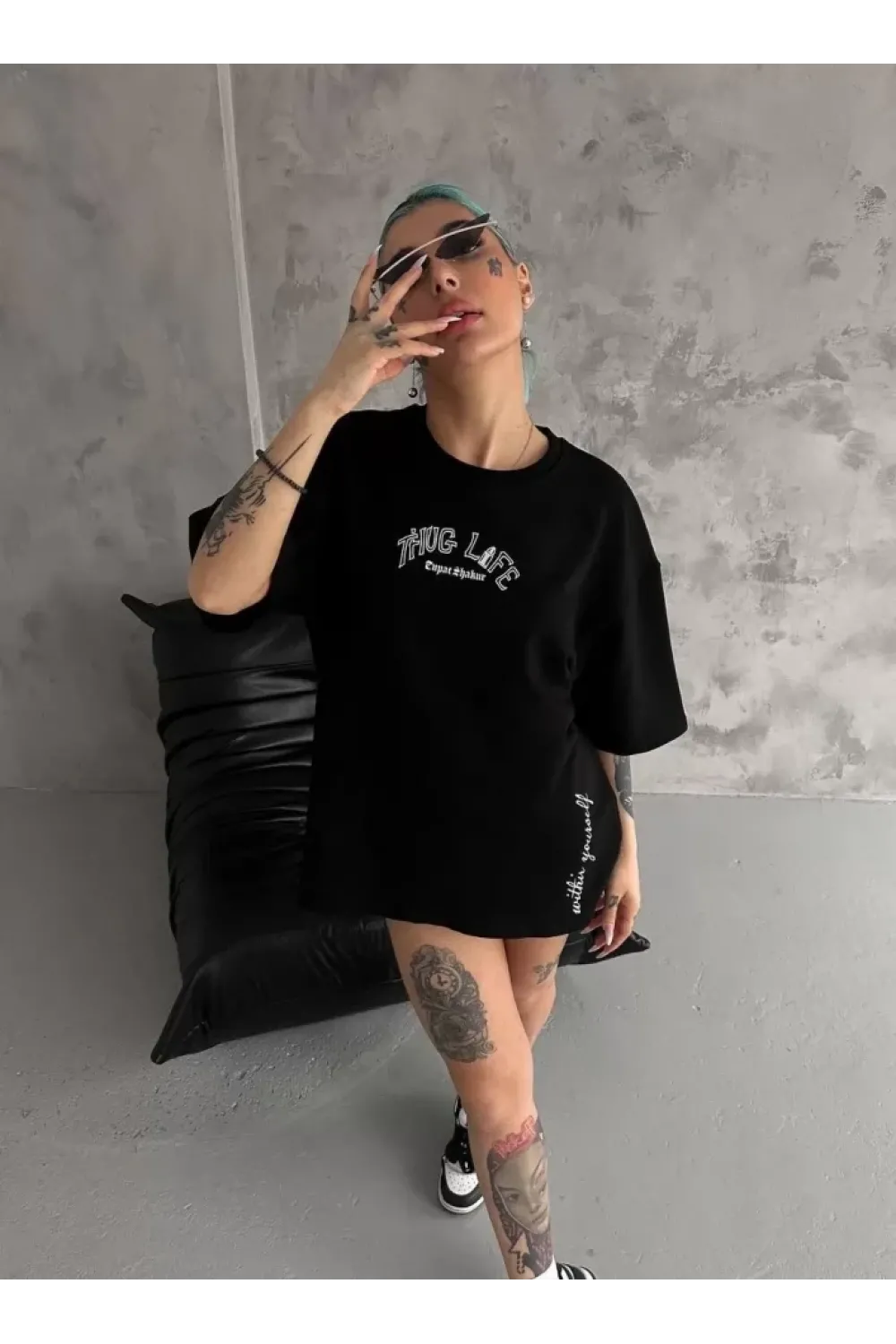 Unisex Baskılı Oversize T-Shirt - Siyah