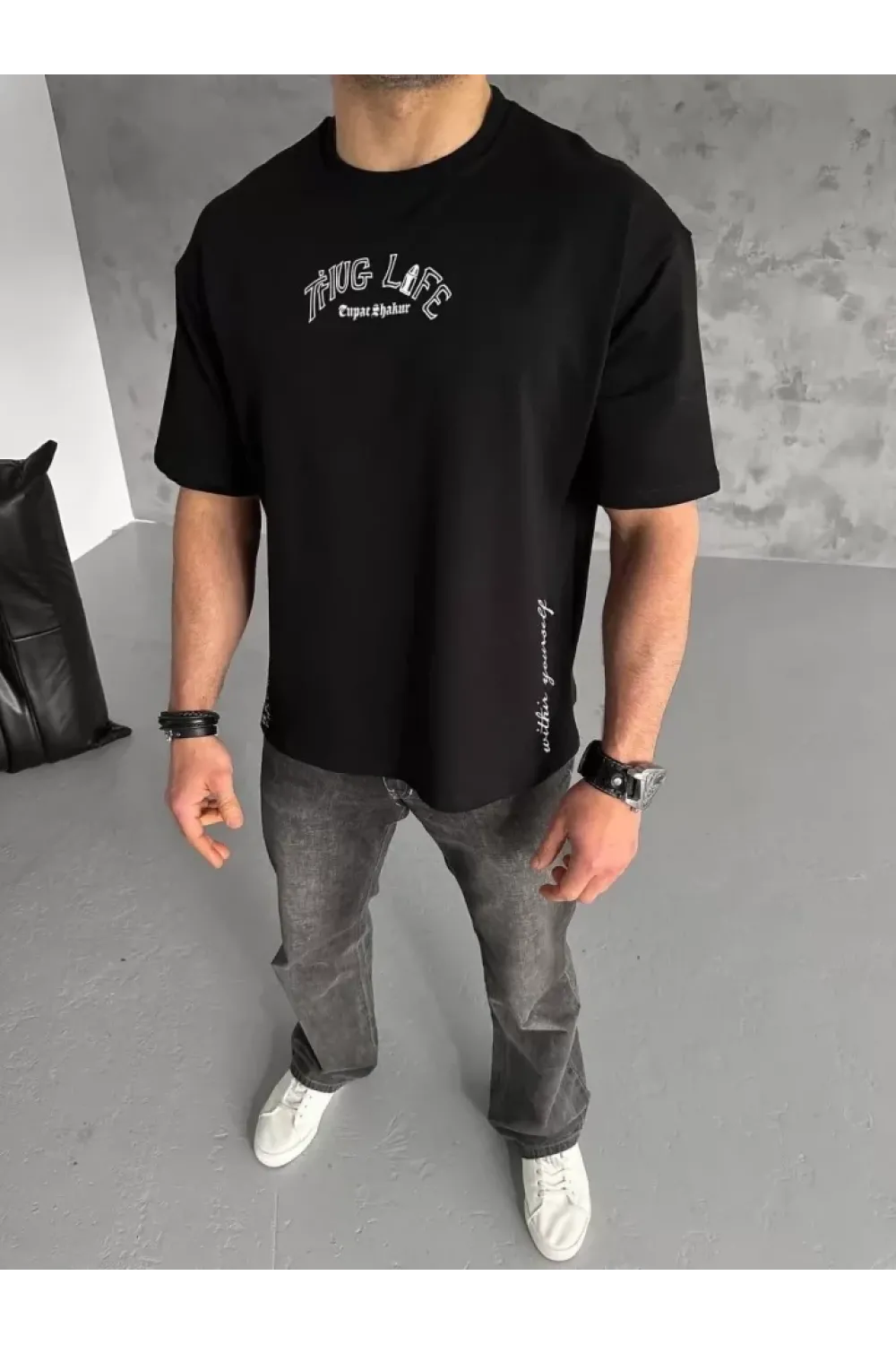 Unisex Baskılı Oversize T-Shirt - Siyah