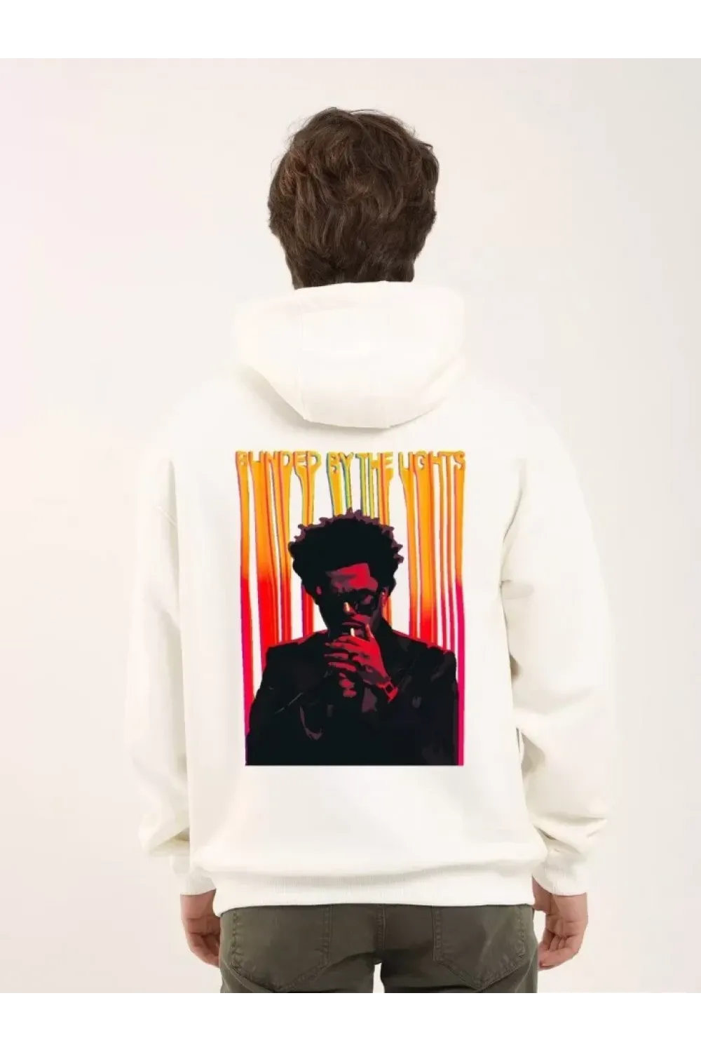 Unisex Baskılı Oversize Üç İplik Kapüşonlu Sweatshirt - Beyaz