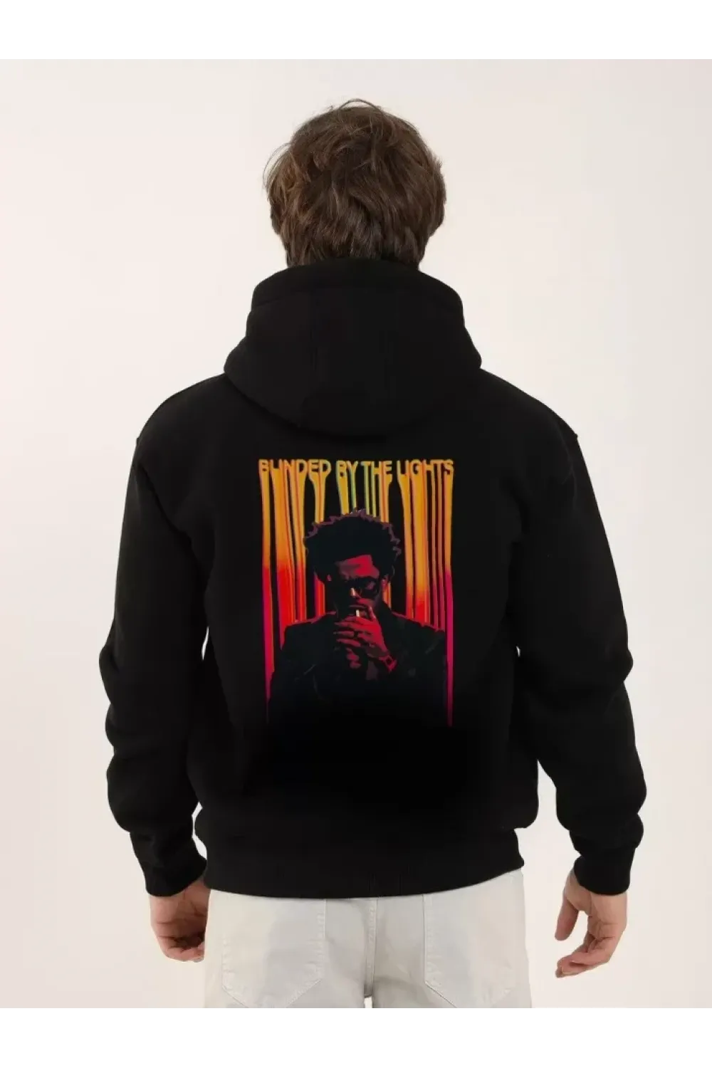 Unisex Baskılı Oversize Üç İplik Kapüşonlu Sweatshirt - Siyah