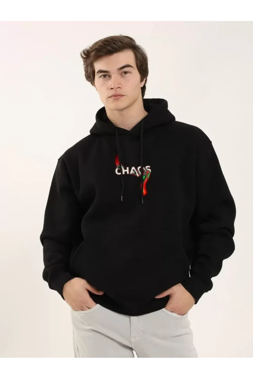 Unisex Baskılı Oversize Üç İplik Kapüşonlu Sweatshirt - Siyah
