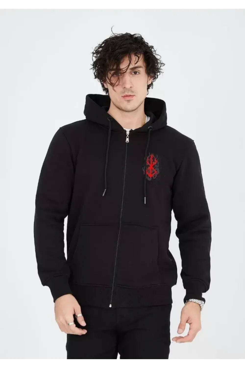 Unisex Baskılı Tam Fermuarlı Kapşonlu SweatShirt - Siyah
