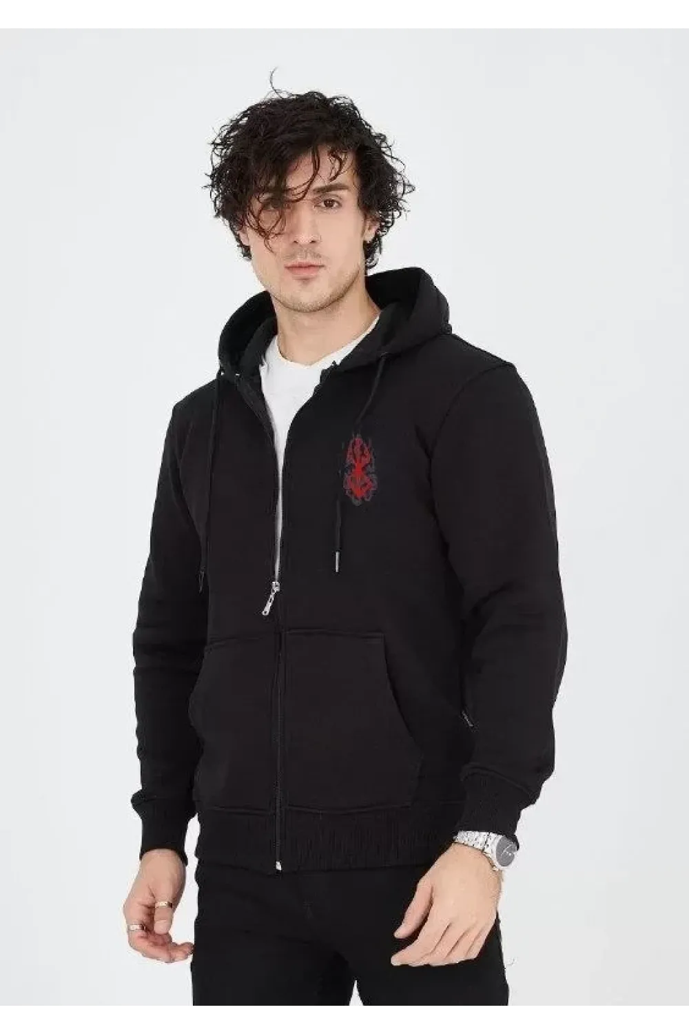 Unisex Baskılı Tam Fermuarlı Kapşonlu SweatShirt - Siyah