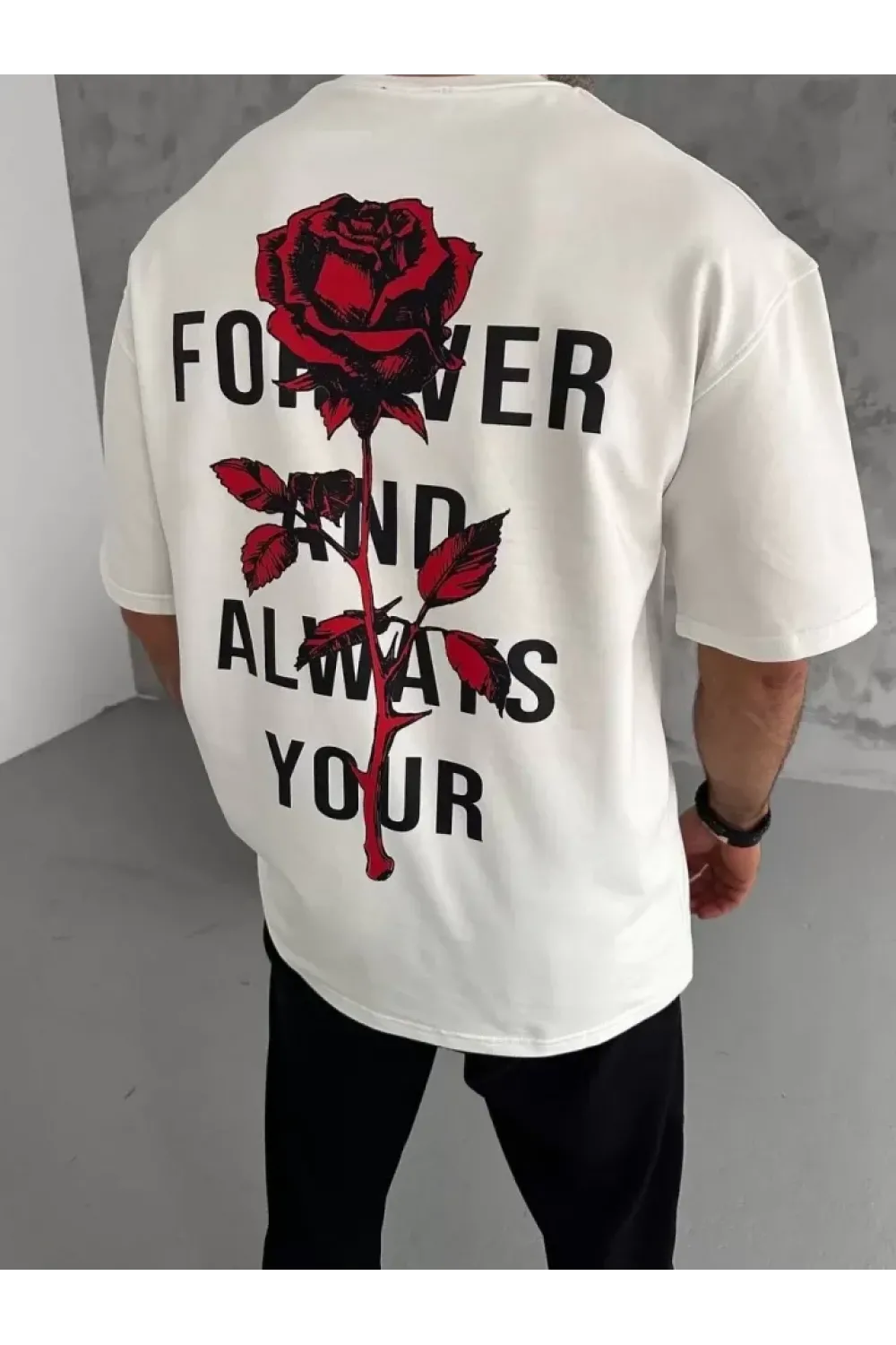 Unisex Bisiklet Yaka Baskılı Oversize T-Shirt - Beyaz