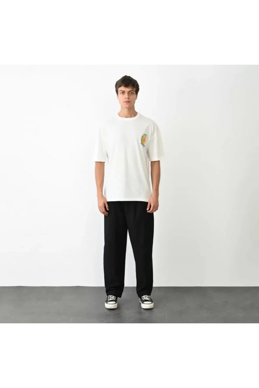 Unisex Bisiklet Yaka Baskılı Oversize T-Shirt - Beyaz
