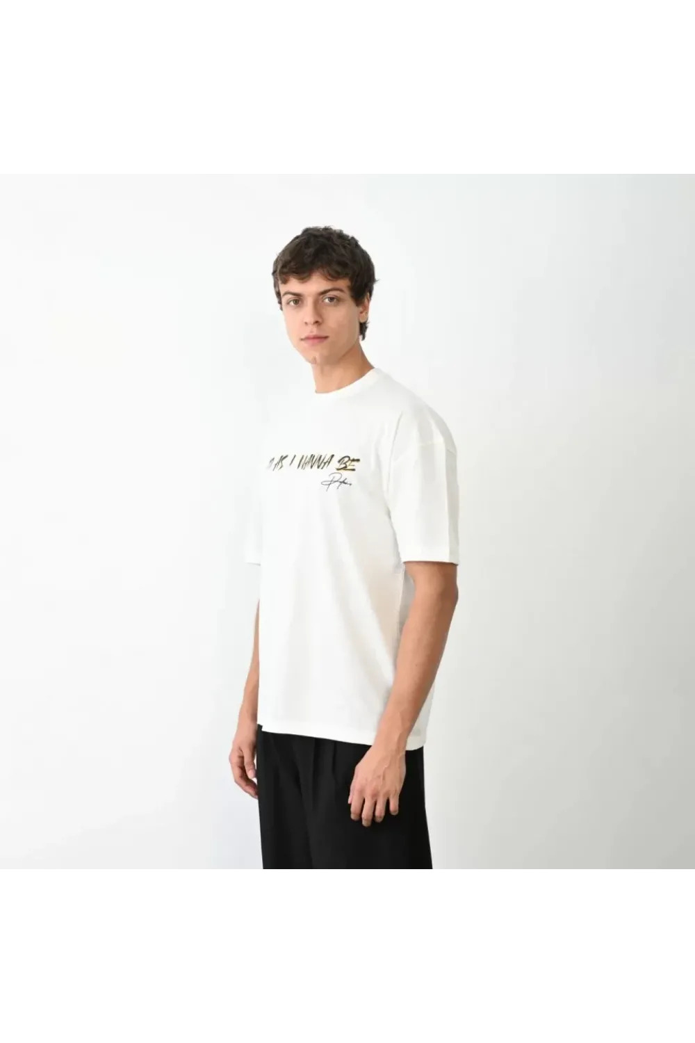Unisex Bisiklet Yaka Baskılı Oversize T-Shirt - Beyaz