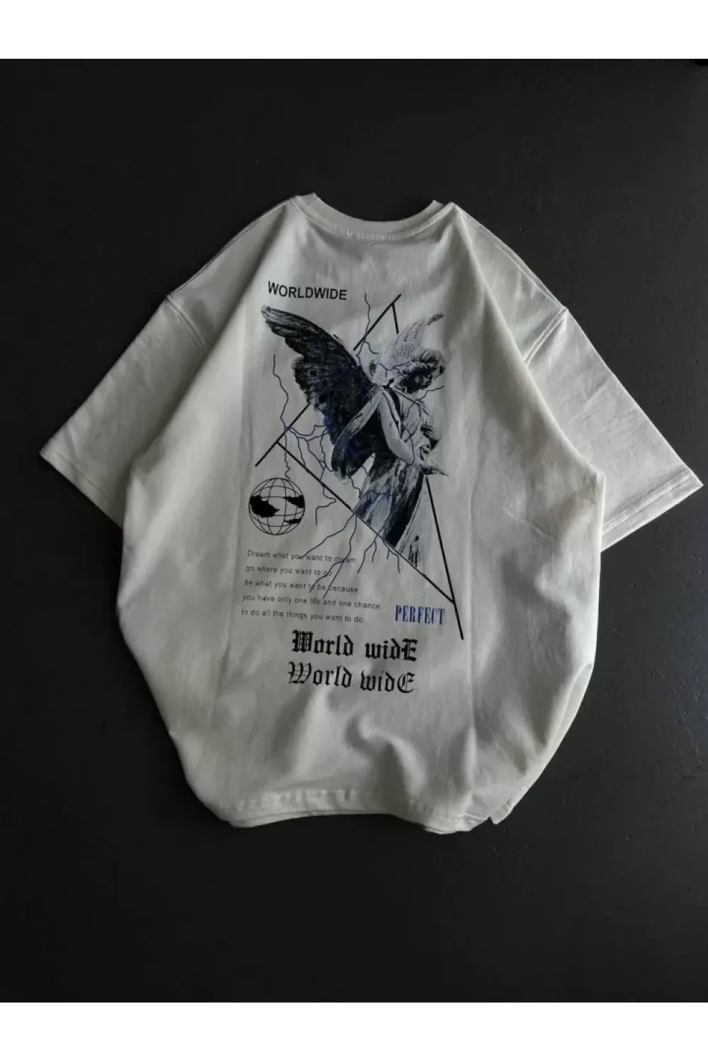 Unisex Bisiklet Yaka Baskılı Oversize T-Shirt - Beyaz