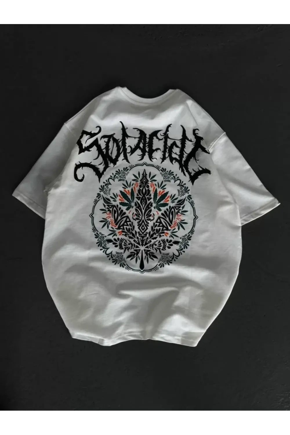Unisex Bisiklet Yaka Baskılı Oversize T-Shirt - Beyaz