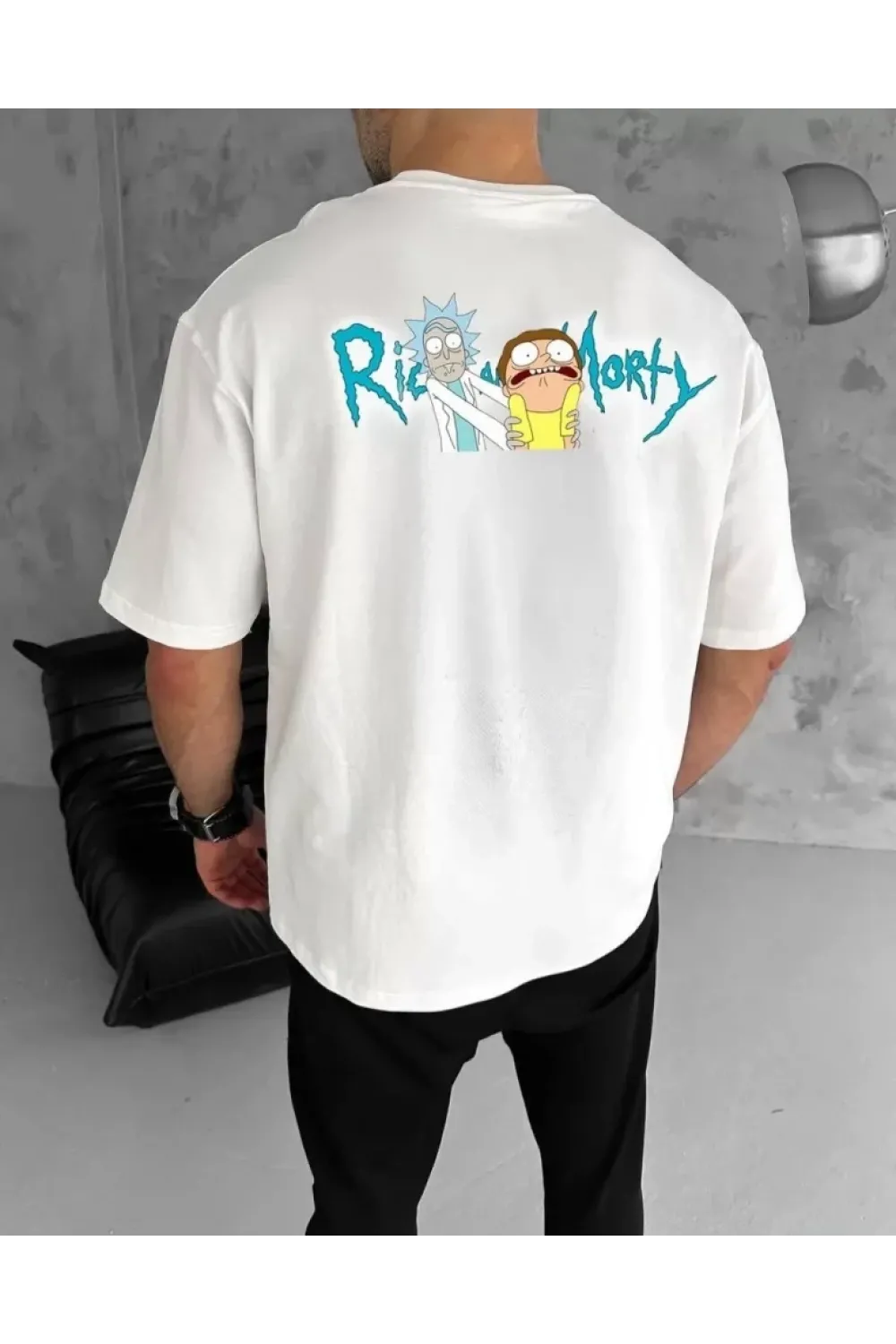 Unisex Bisiklet Yaka Baskılı Oversize T-Shirt - Beyaz