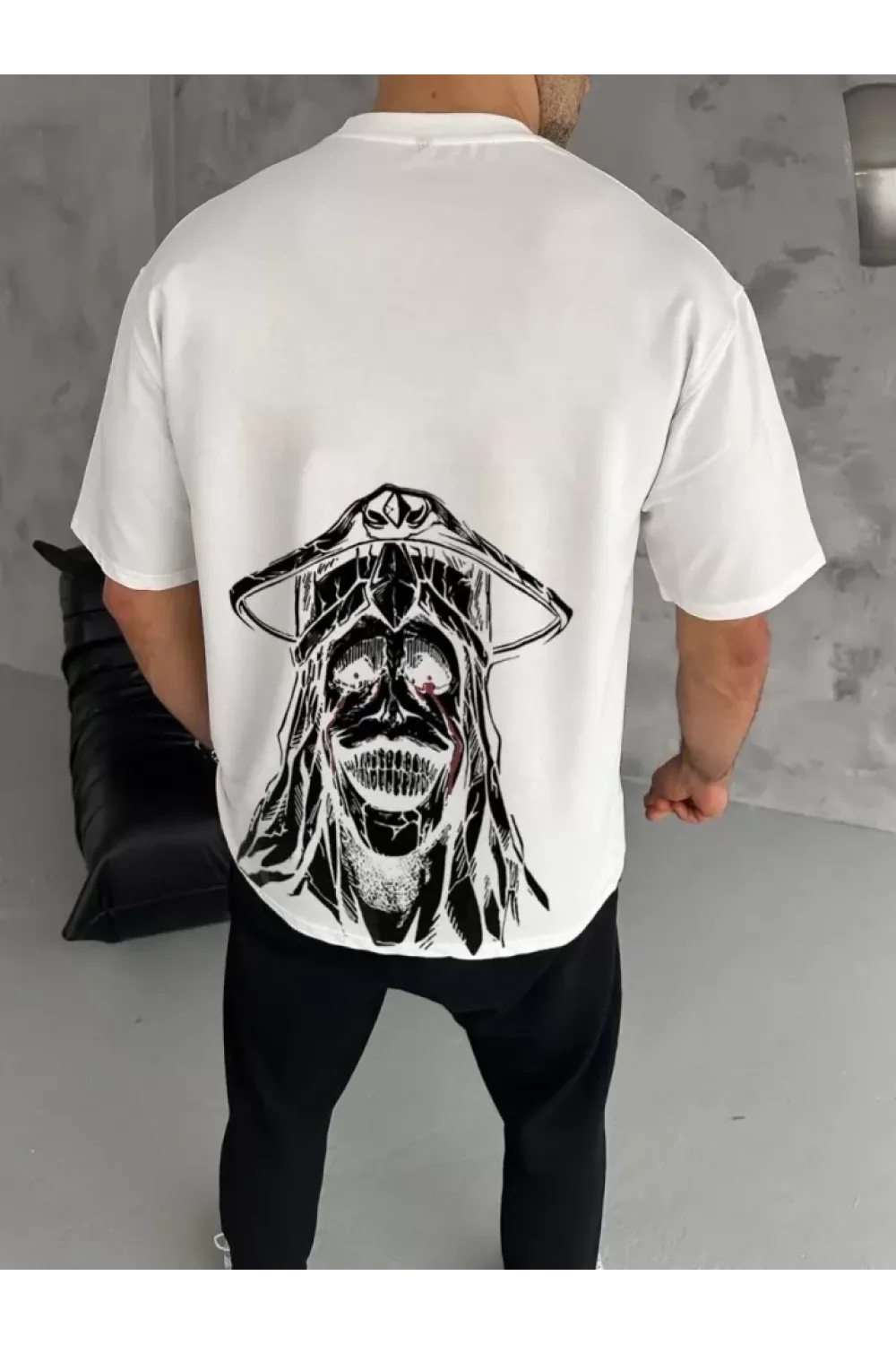 Unisex Bisiklet Yaka Baskılı Oversize T-Shirt - Beyaz