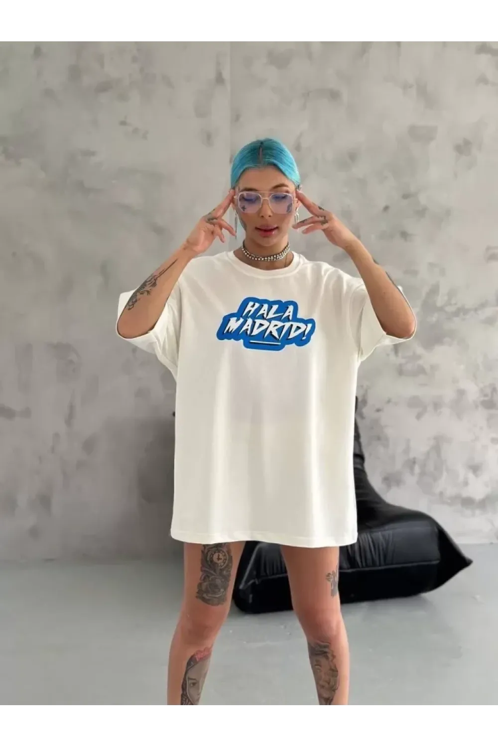 Unisex Bisiklet Yaka Baskılı Oversize T-Shirt - Beyaz