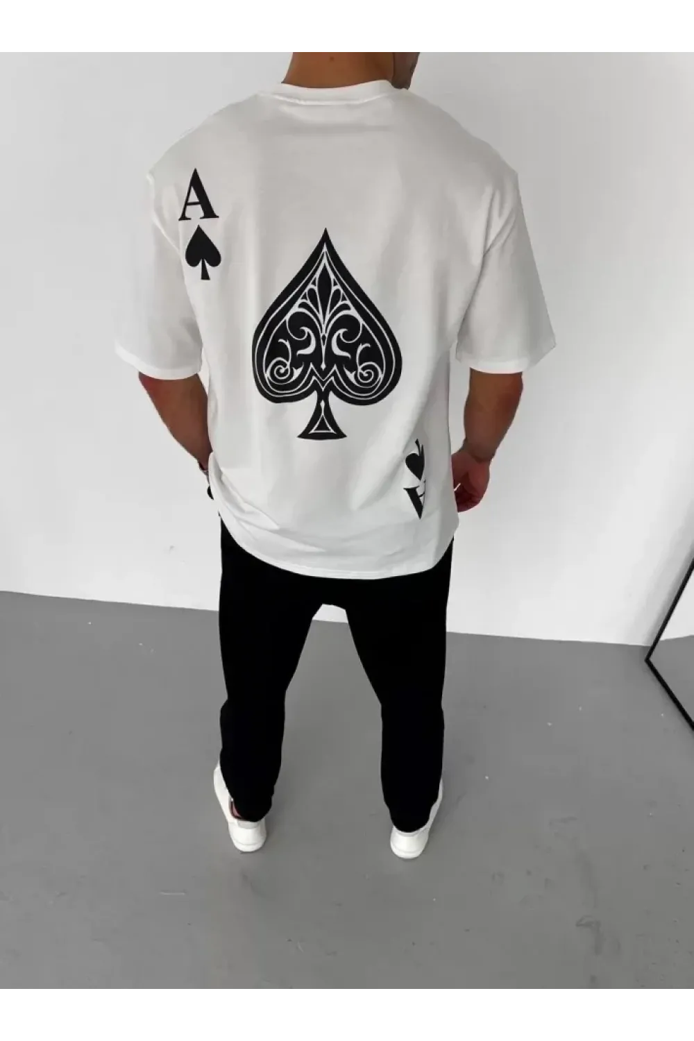 Unisex Bisiklet Yaka Baskılı Oversize T-Shirt - Beyaz