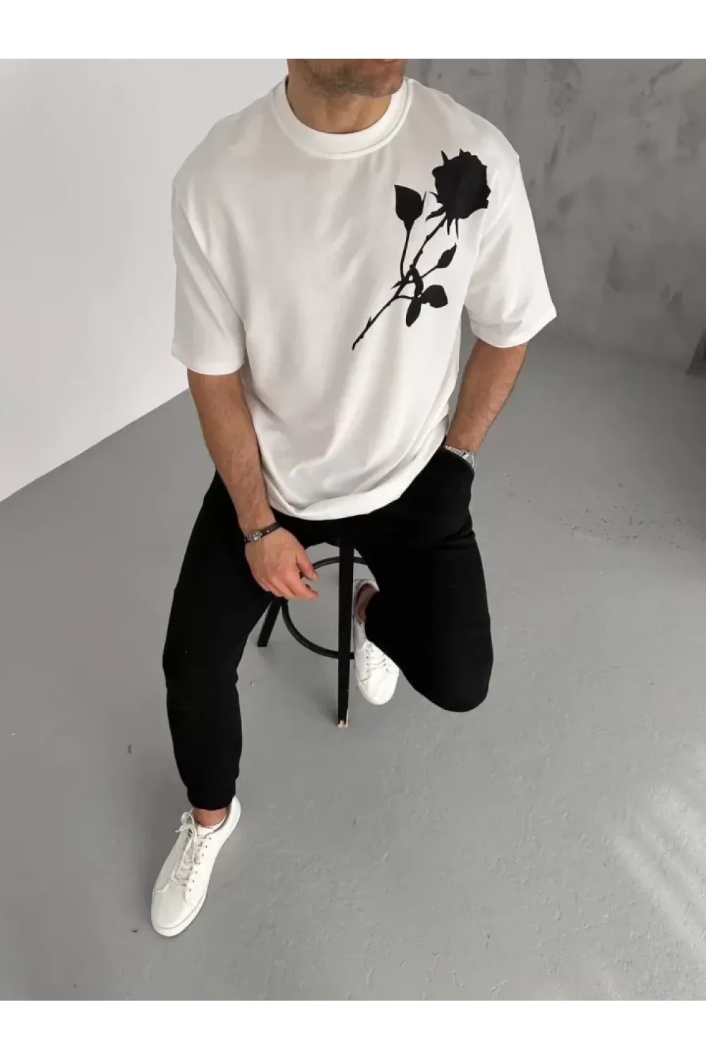 Unisex Bisiklet Yaka Baskılı Oversize T-Shirt - Beyaz