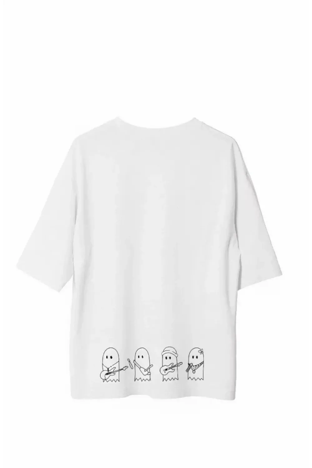 Unisex Bisiklet Yaka Baskılı Oversize T-Shirt - Beyaz
