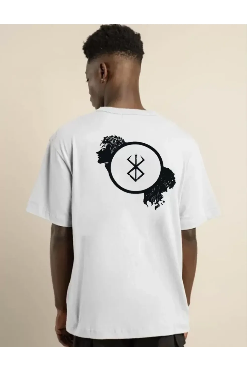 Unisex Bisiklet Yaka Baskılı Oversize T-Shirt - Beyaz
