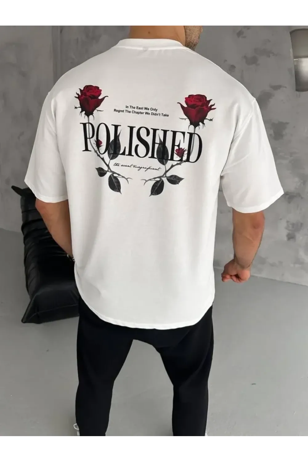 Unisex Bisiklet Yaka Baskılı Oversize T-Shirt - Beyaz