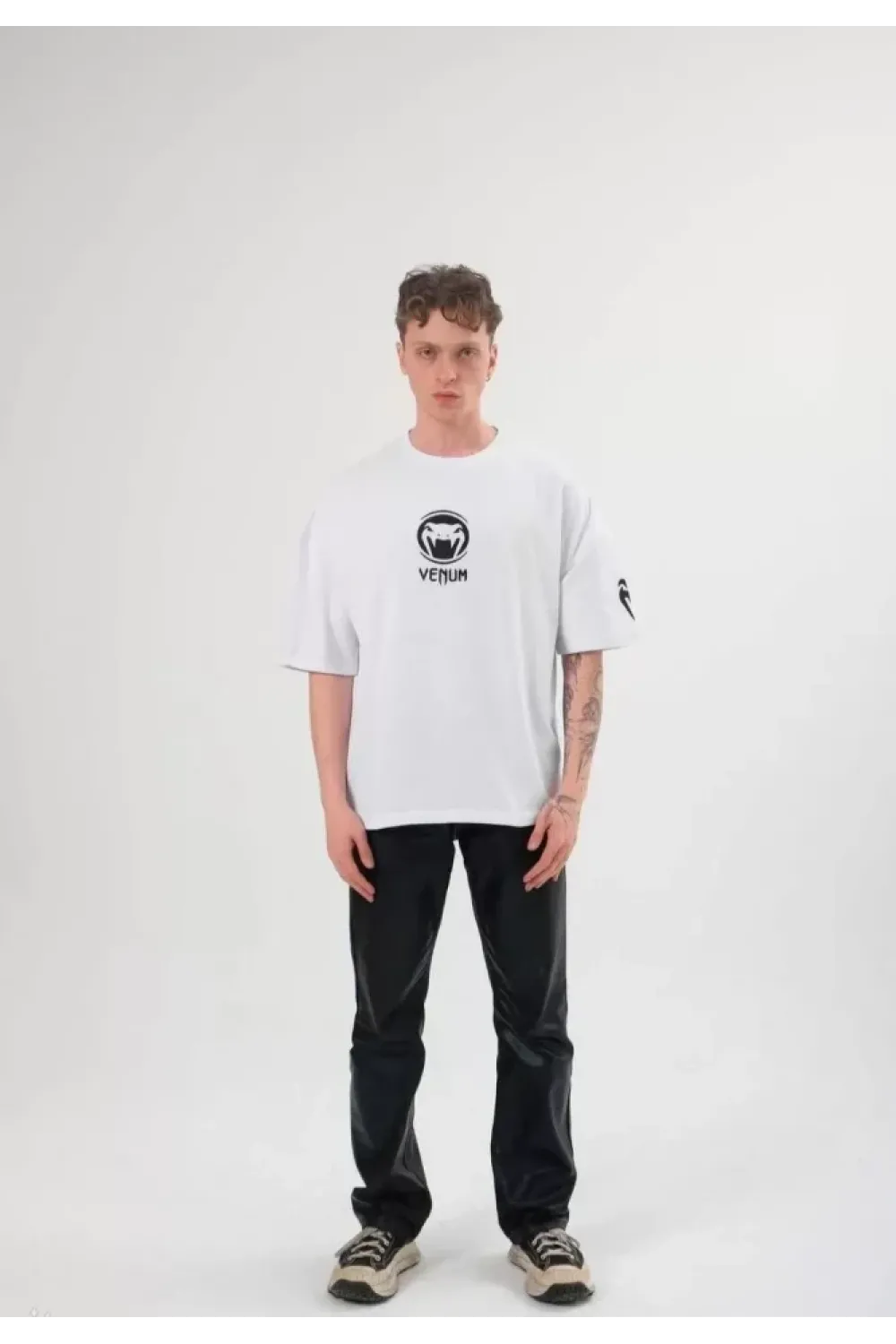 Unisex Bisiklet Yaka Baskılı Oversize T-Shirt - Beyaz