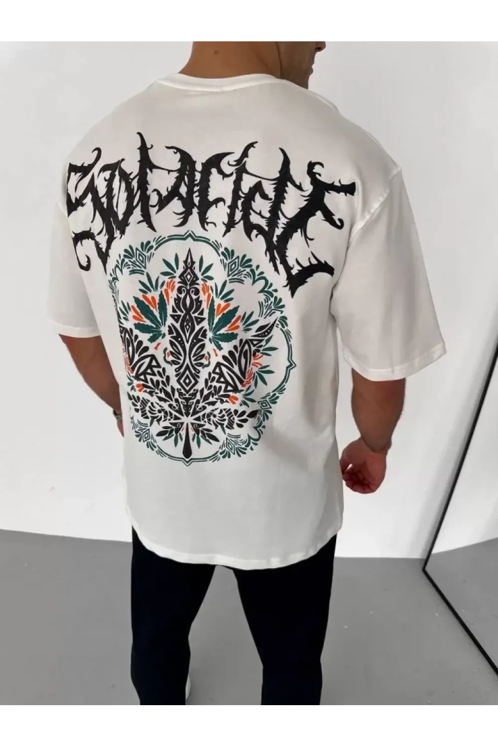 Unisex Bisiklet Yaka Baskılı Oversize T-Shirt - Beyaz