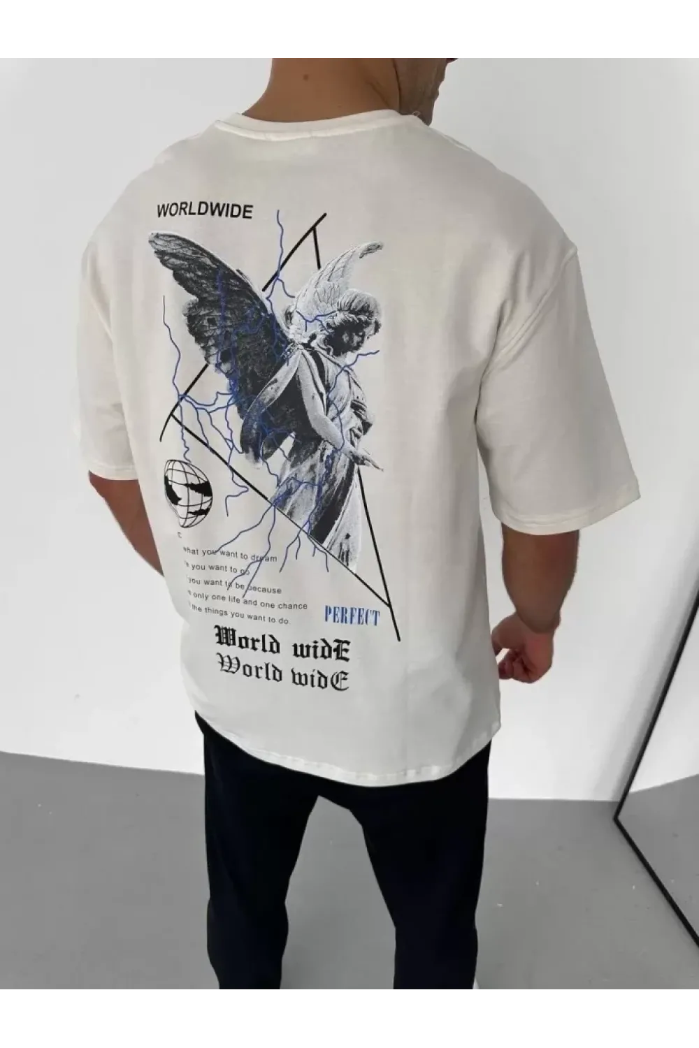 Unisex Bisiklet Yaka Baskılı Oversize T-Shirt - Beyaz