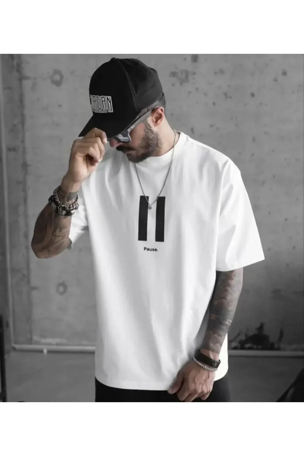 Unisex Bisiklet Yaka Baskılı Oversize T-Shirt - Beyaz