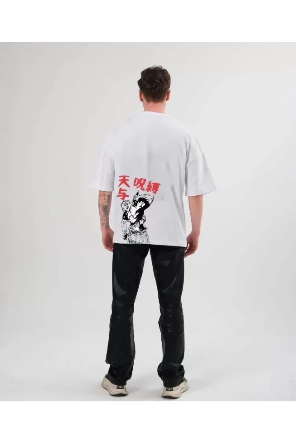 Unisex Bisiklet Yaka Baskılı Oversize T-Shirt - Beyaz