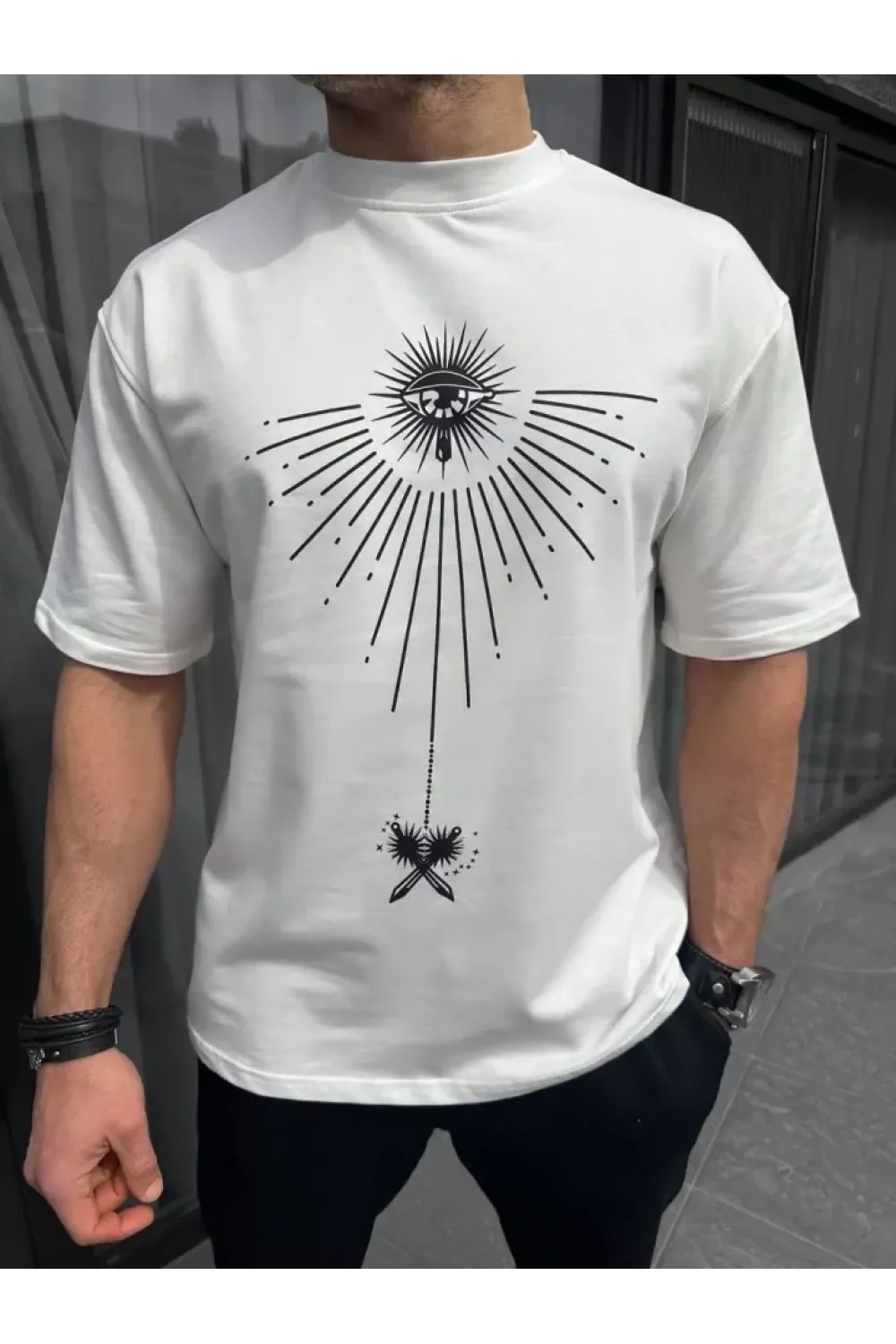 Unisex Bisiklet Yaka Baskılı Oversize T-Shirt - Beyaz