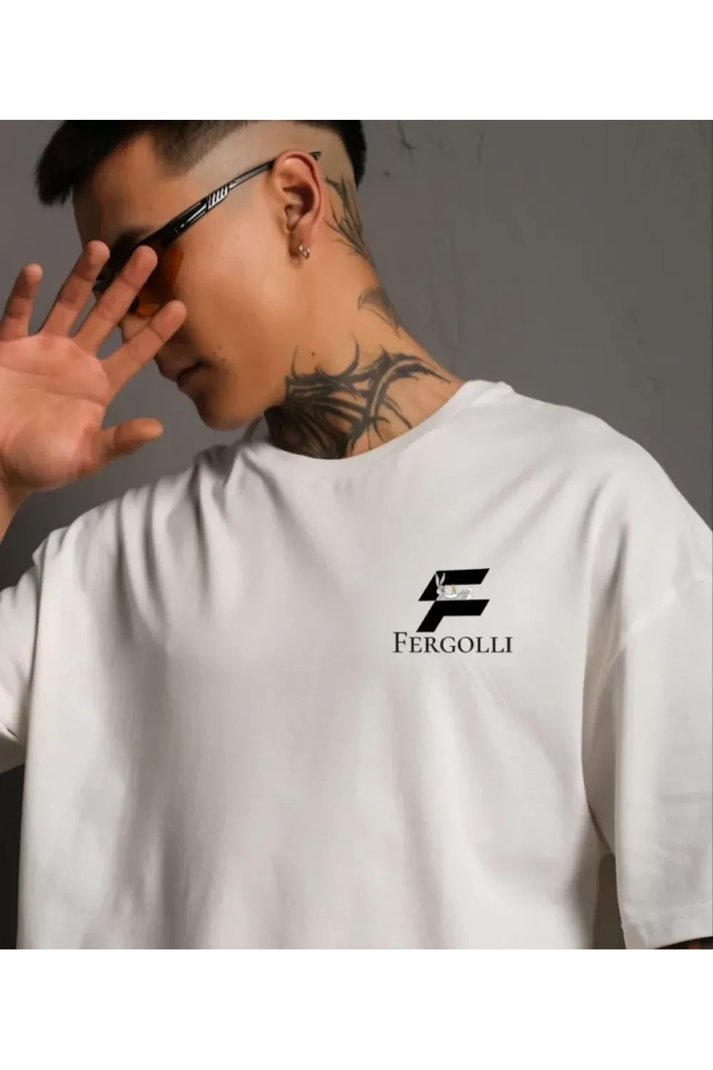 Unisex Bisiklet Yaka Baskılı Oversize T-Shirt - Beyaz