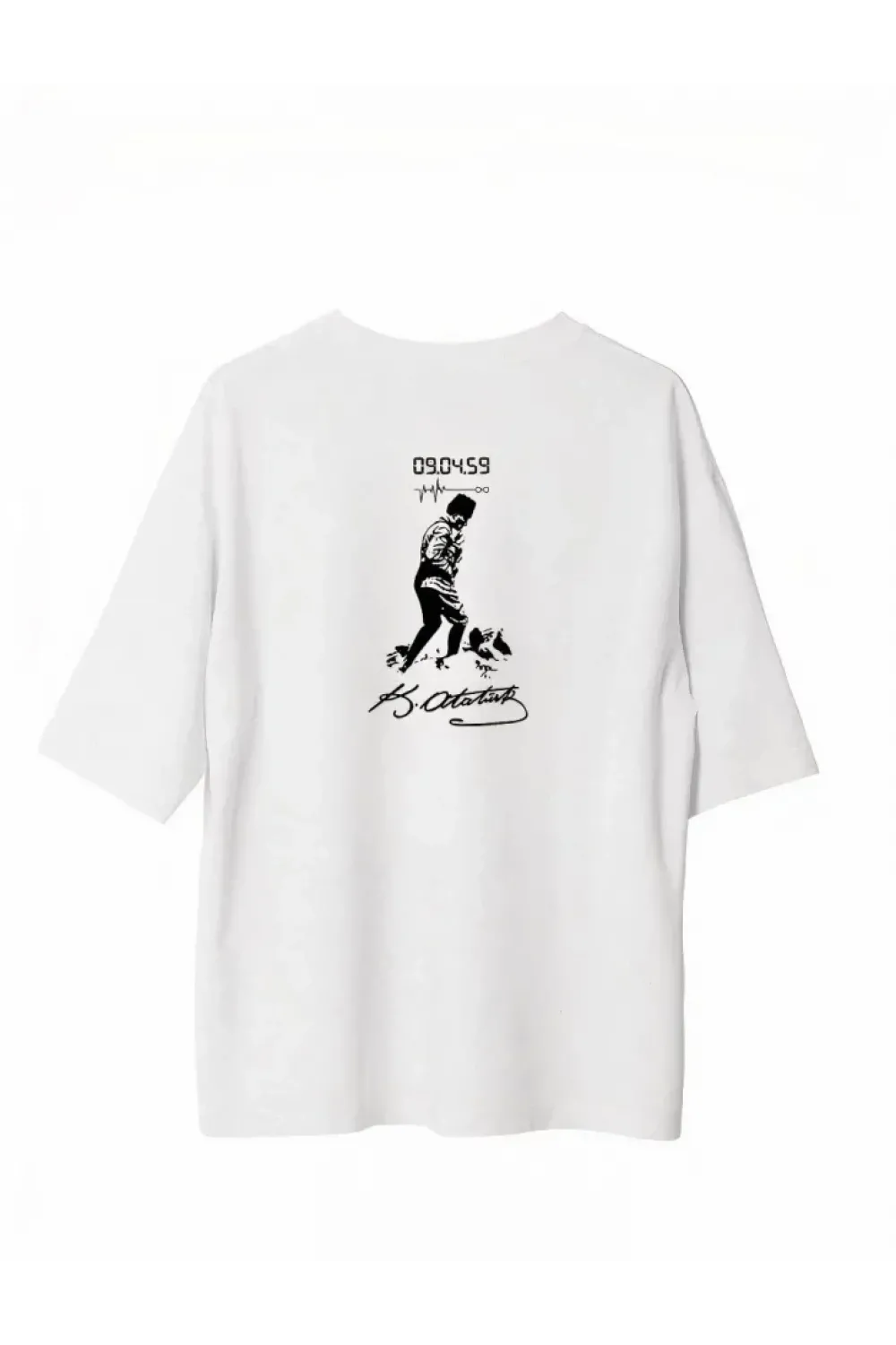 Unisex Bisiklet Yaka Baskılı Oversize T-Shirt - Beyaz