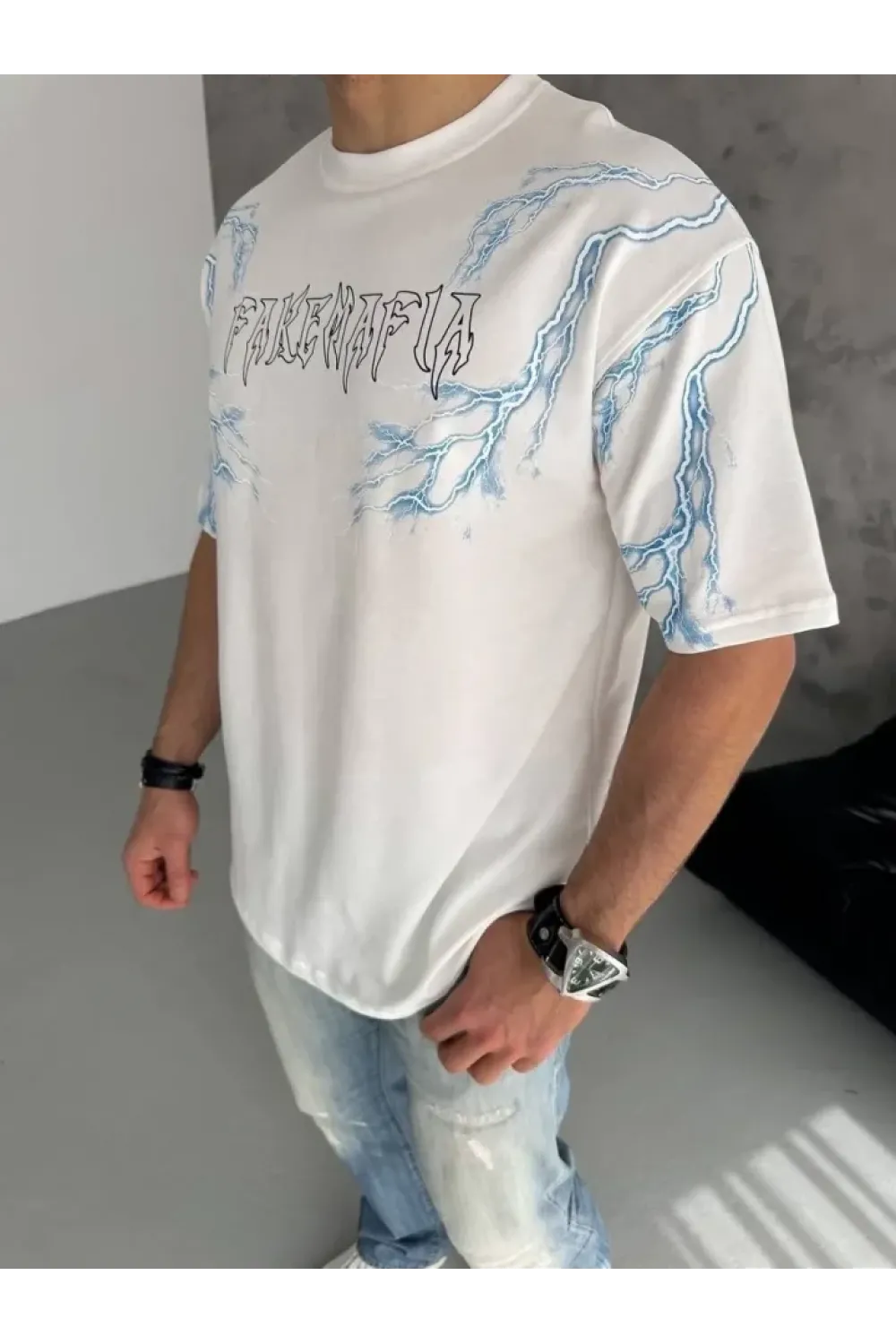 Unisex Bisiklet Yaka Baskılı Oversize T-Shirt - Beyaz