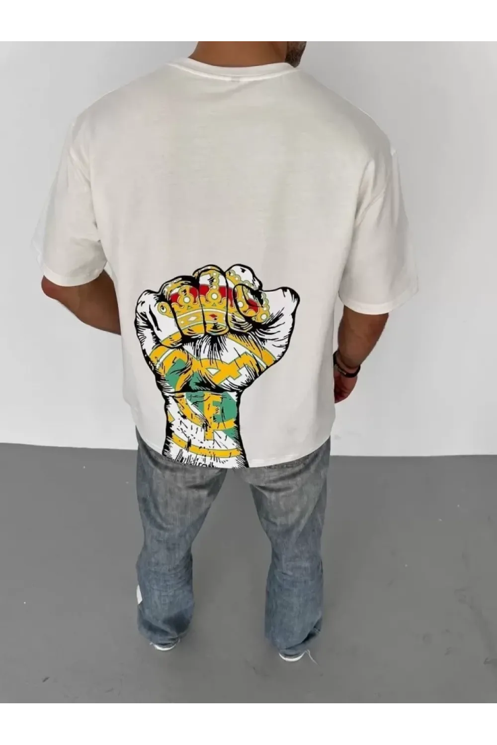 Unisex Bisiklet Yaka Baskılı Oversize T-Shirt - Beyaz