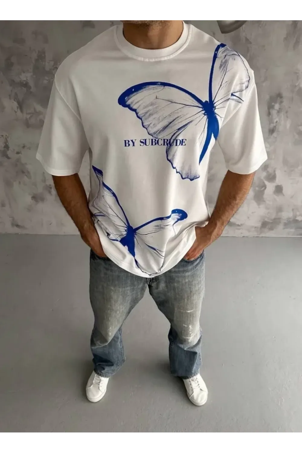 Unisex Bisiklet Yaka Baskılı Oversize T-Shirt - Beyaz